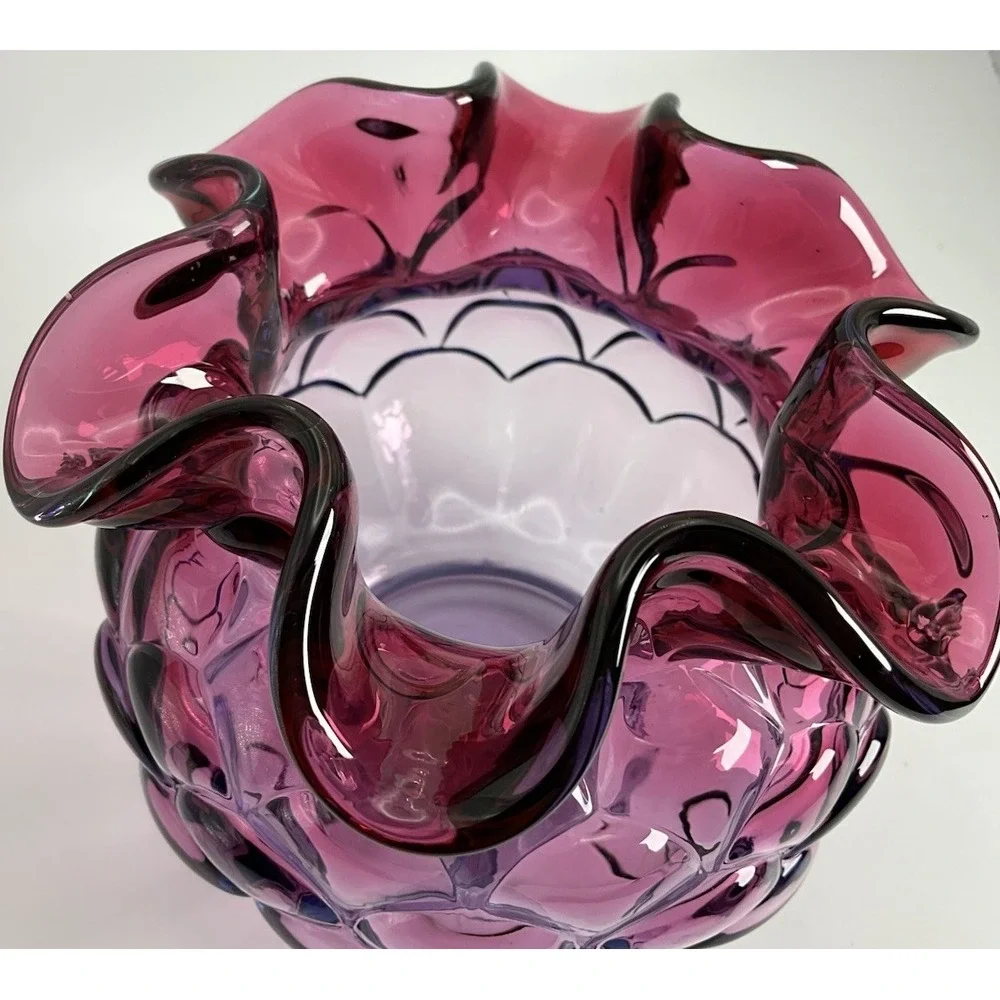 Fenton Mulberry Jacqueline Art Glass Vase Ruffled Rose Bowl Fish Scale Pattern